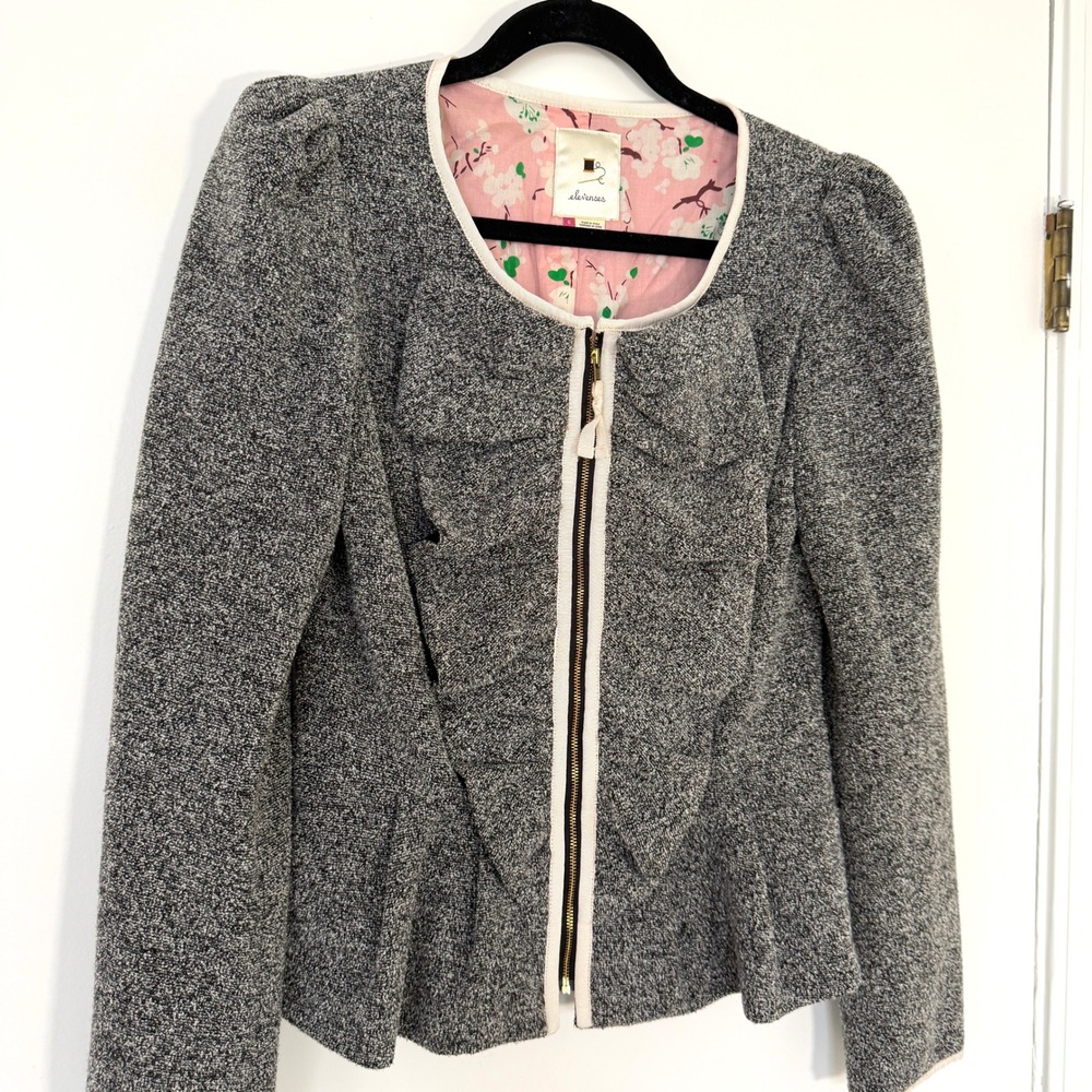 Anthropologie Elevenses Grey Tweed Peplum Zip Jacket Pink Floral Lining Size 6 - Picture 2 of 8